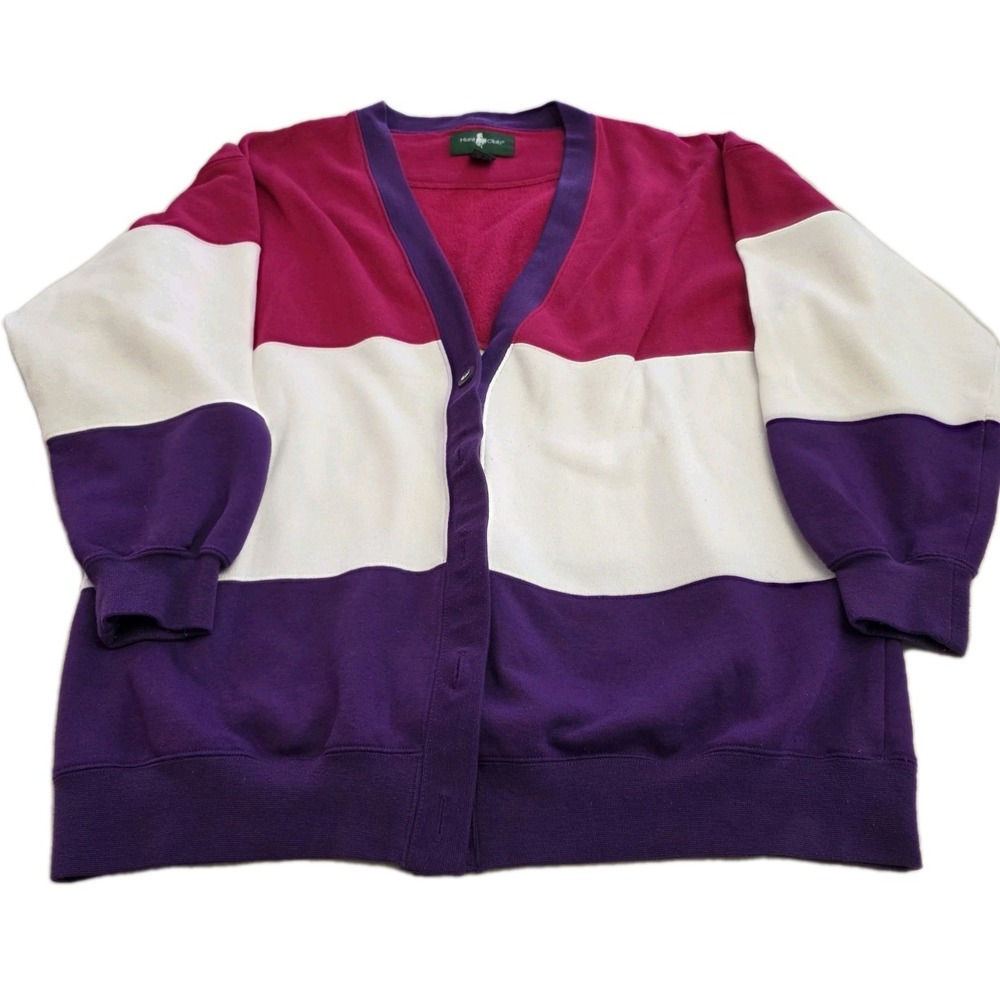 Hunt Club Colorblock Cardigan Fuchsia White And Purple 80s 90s Size M Vintage
